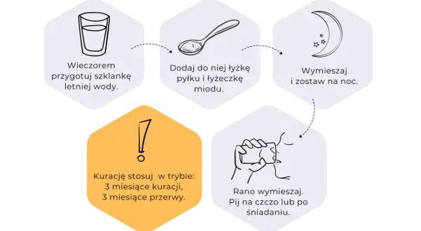 Jak stosować pyłek pszczeli: wieczorem przygotuj wodę, dodaj pyłek i miód, wymieszaj, zostaw na noc. Rano pij na czczo. Kuracja 3 miesiące, potem 3 miesiące przerwy.