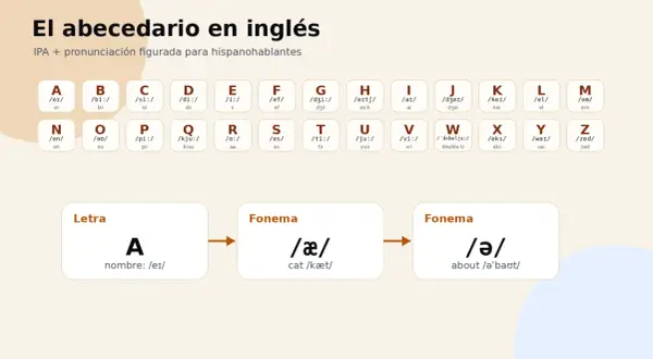 El abecedario en inglés, con la letra X y su pronunciación "eks". Aprende fonemas como en "cat" y "about".