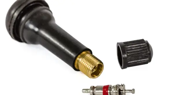 Pièce pour changer valve pneu : un corps de valve noir avec embout en laiton, un capuchon et le mécanisme interne.