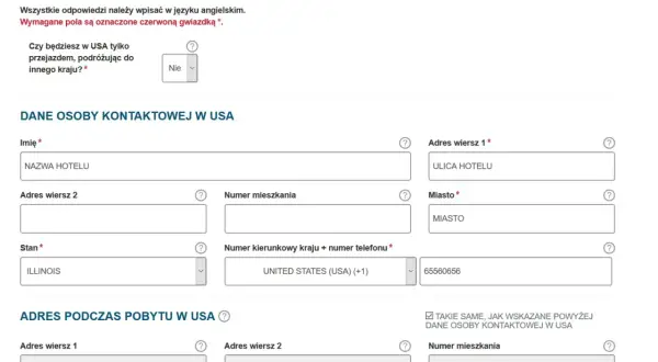 Formularz do wypełnienia w celu uzyskania wizy do USA. Dane kontaktowe i adres pobytu w Stanach Zjednoczonych.