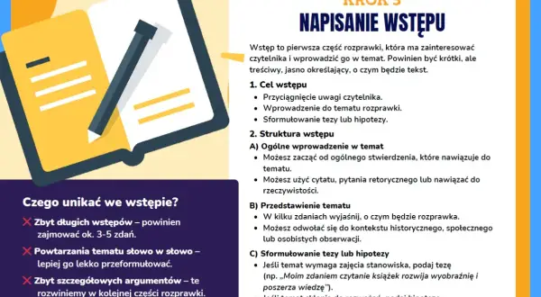 Otwarta książka z ołówkiem, ilustracja do poradnika o pisaniu wstępu do rozprawki.