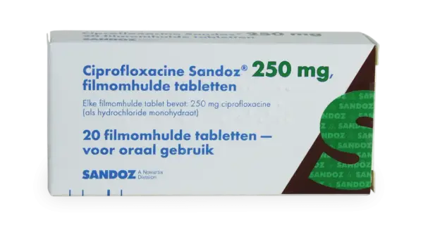 Opakowanie leku Ciprofloxacine Sandoz 250 mg, zawierające 20 tabletek powlekanych do stosowania doustnego.