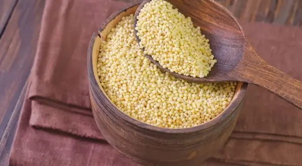 Miseczka pełna kaszy jaglanej, która nie zawiera glutenu. Drewniana łyżka z ziarnami na brązowej serwetce.