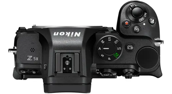 Top view of a black Nikon Z5 II camera, showing controls like ISO, mode dial, and AF-ON button. The Nikon Z5 release date was August 2020.