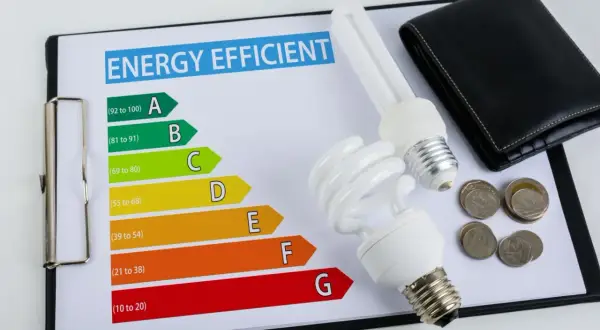 Karta efektywności energetycznej z żarówkami i monetami. Klasa energetyczna C oznacza średnią efektywność.