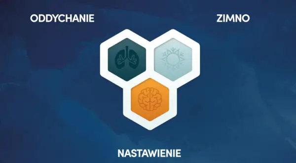 Grafika przedstawia trzy ikony: płuca, płatek śniegu i mózg, symbolizujące oddychanie metodą Wima Hofa, zimno i nastawienie.