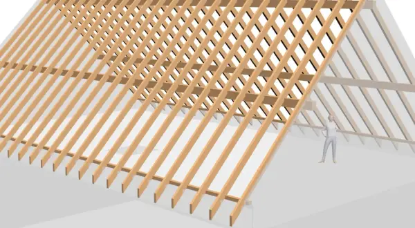Dachstuhl aufbau: detaillierte Darstellung der Sparren und Latten eines Holz-Dachstuhls. Eine Person steht im Hintergrund zur Größenvergleich.