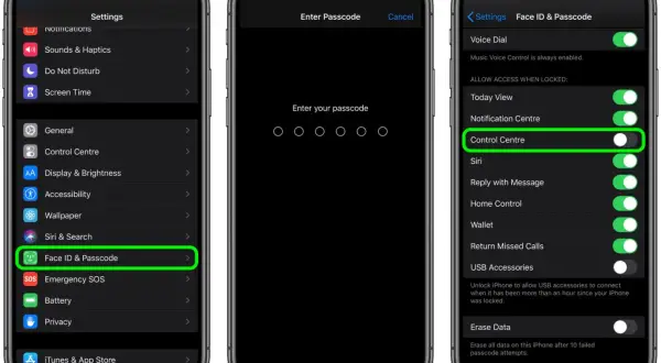 Trzy ekrany iPhone'a pokazujące ustawienia Face ID i Passcode, z podświetlonym Centrum sterowania.