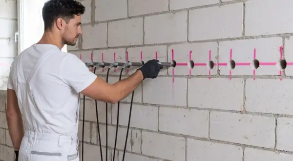 Mann führt Injektionslanzen für Horizontalsperre in gebohrte Löcher einer Betonwand ein.