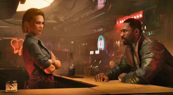 W mrocznym barze cyberpunk kobieta z neonowym sercem w tle i mężczyzna przy kontuarze. Nie czas żałować róż.