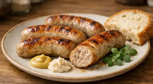 Soczysta kiełbasa z airfryer, idealnie przypieczona, podana z chlebem, musztardą i chrzanem. Pyszny obiad gotowy w mgnieniu oka!