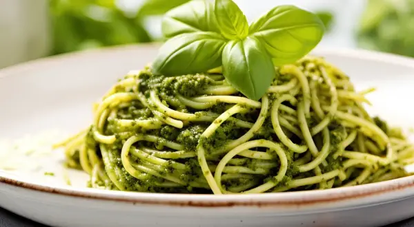 Spaghetti z zielonym pesto i listkami bazylii na białym talerzu.