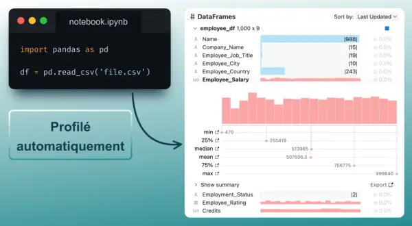 Le code Python utilise pandas pour charger un fichier CSV dans un DataFrame. Le DataFrame est ensuite profilé automatiquement, montrant des statistiques et des visualisations pour les données.