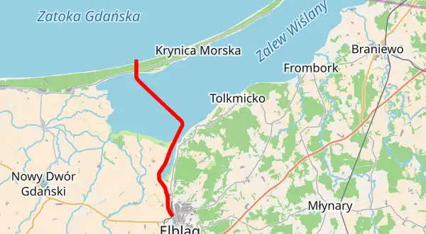 Mapa drogi z Elbląga do Krynicy Morskiej przez Zalew Wiślany, pokazująca rybackie tereny na mierzei.