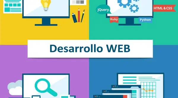 Ilustración de desarrollo web con iconos de programación, diseño de páginas web y herramientas de codificación.