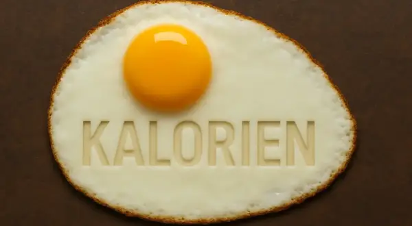 Spiegelei mit dem Wort "KALORIEN" eingraviert. Ein Symbol für die **Eiklar Kalorien** und ihre Bedeutung für die Ernährung.