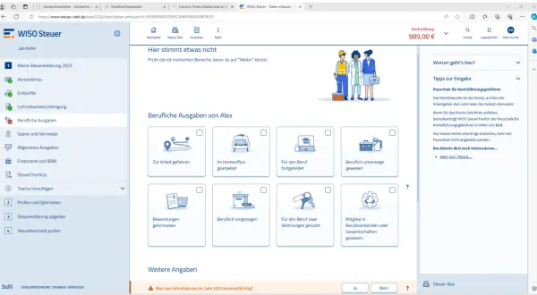 WISO Steuer-Oberfläche mit Optionen für berufliche Ausgaben wie "Zur Arbeit gefahren" oder "Im Homeoffice gearbeitet".