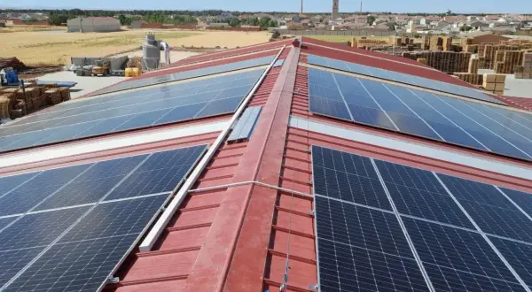 Paneles solares cubren el tejado rojo de un edificio industrial, capturando la energía del sol.