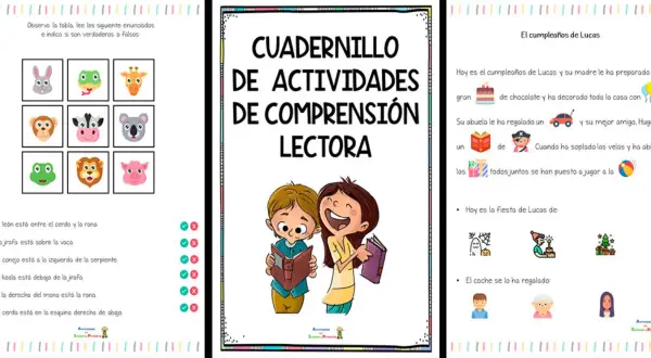 Cuadernillo de actividades de comprensión lectora para niños con ejercicios de animales y un cuento sobre el cumpleaños de Lucas.