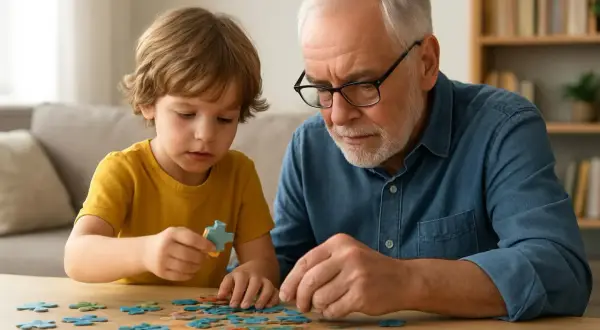 Chłopiec i dziadek składają puzzle, ciesząc się wspólnymi zabawami.