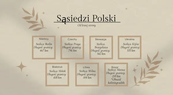 Polska graniczy z Niemcami, Czechami, Słowacją, Ukrainą, Białorusią, Litwą i Rosją (Obwód kaliningradzki).