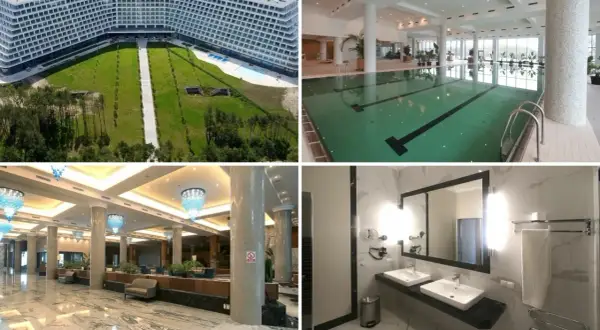 Widok z lotu ptaka na hotel, basen, lobby i łazienkę.