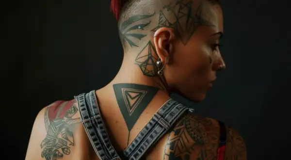 Mujer con un estilo único, mostrando su arte corporal con un impresionante **berlin tattoo** en la nuca y hombros.