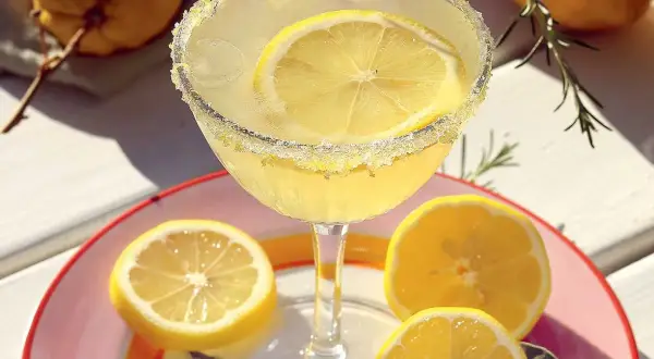 En läcker margarita med citronsocker på glaskanten. Perfekt för ett somrigt margarita recept.