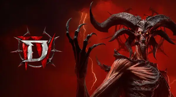 Diablo 4 dodatek: przerażający demon z rogami i płonącymi oczami, logo gry na tle burzy.