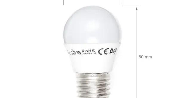Biała, kulista lampa LED z gwintem, oznaczona symbolami RoHS i CE. Wymiary: 46 mm szerokości, 80 mm wysokości.