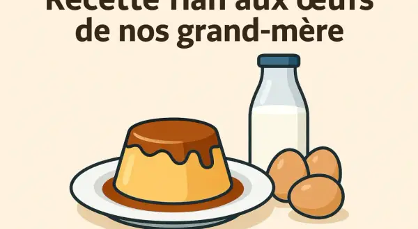 Recette flan aux œufs de nos grand-mère : un flan onctueux sur une assiette, à côté d'une bouteille de lait et d'œufs.