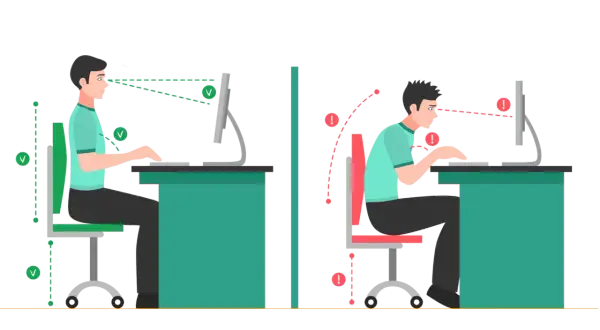 Prawidłowa ergonomia postawy podczas pracy: siedzenie prosto, wzrok na monitorze. Zła postawa: garbienie się, oczy poniżej ekranu.