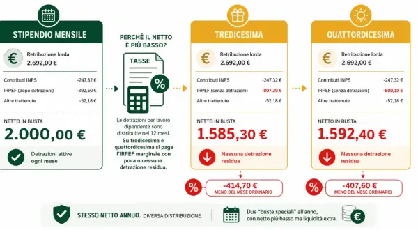 Confronto busta paga: stipendio mensile, tredicesima e quattordicesima. La tredicesima in busta paga risulta inferiore a causa dell'IRPEF marginale.