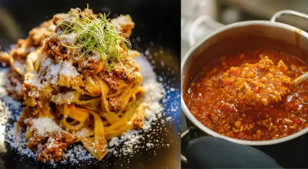 En tallrik med krämig pasta bolognese toppad med riven ost och en kastrull med den rika köttfärssåsen.