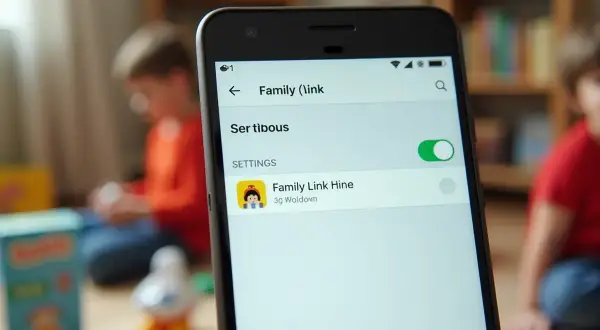 Ekran telefonu z aplikacją Family Link. Widoczna opcja "Ser tibous" i "Family Link Hine". W tle dzieci. Jak odinstalować Family Link?