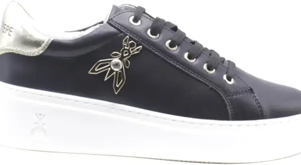 Black Patrizia Pepe sneaker with gold bee logo and white platform sole.