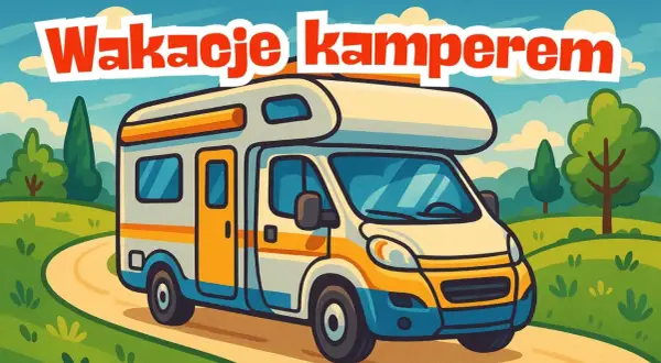 Kolorowy kamper na drodze pośród zielonych wzgórz. Czas na wakacje kamperem!