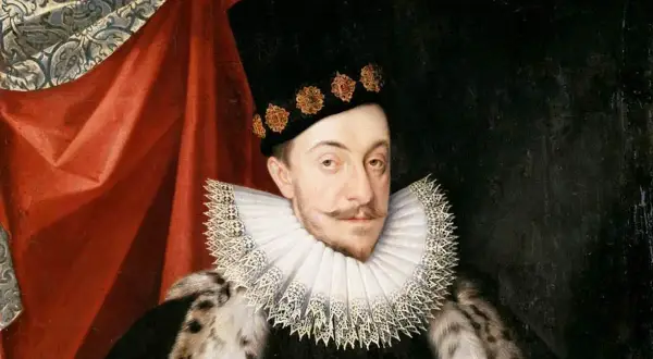 Porträtt av Sigismund Vasa i en svart hatt med utsmyckning, vit krås och pälsbeklädd mantel.
