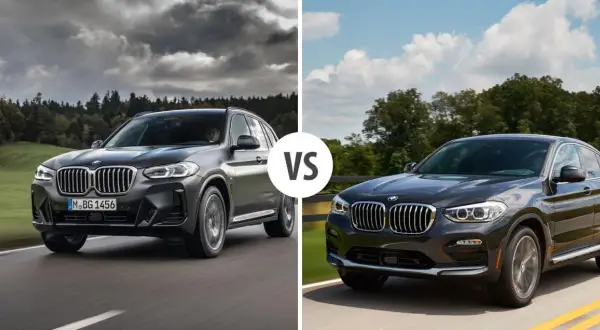 Porównanie BMW X4 z X3, uwzględniające BMW X4 wymiary. Dwa SUV-y na drodze.