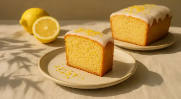 Ein Stück saftiger, veganer Zitronenkuchen mit Zuckerguss und Zitronenschale bestreut, daneben frische Zitronen.
