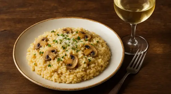 Pyszne risotto z grzybami i kieliszek białego wina – idealne połączenie. Zastanawiasz się, jakie wino do risotto? To białe wino świetnie się sprawdzi!