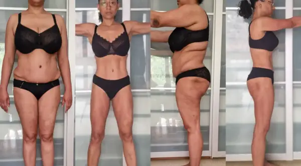 Comparaison avant/après : une femme en lingerie noire montre sa silhouette. Elle ne perd pas de poids mais s'affine, avec des muscles plus visibles.