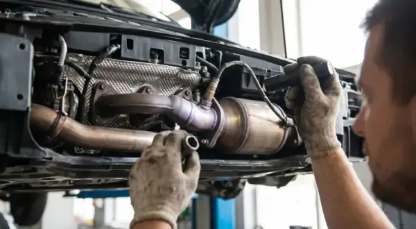 Mechanik w rękawiczkach naprawia katalizator p0420. Widać podniesiony samochód i elementy układu wydechowego.