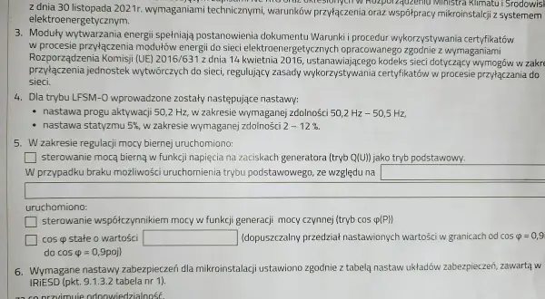 Dokument opisuje wymagania techniczne dla mikroinstalacji, w tym nastawy dla trybu LFSM-O i regulacji mocy biernej.