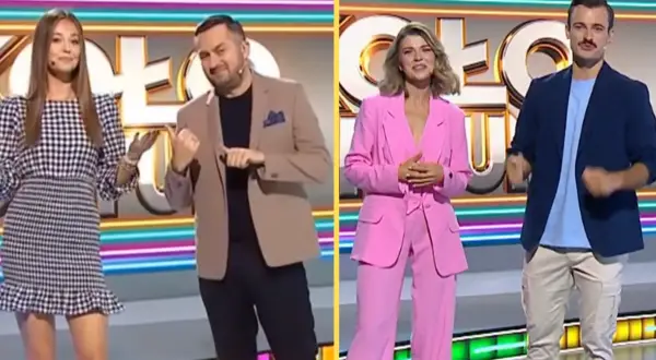 Iza Krzan w Kole Fortuny w różowym garniturze, obok niej prowadzący w eleganckich strojach.