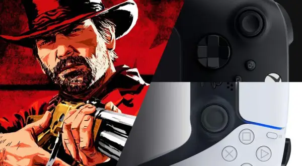 Arthur Morgan im Red Dead Redemption 2 Stil, neben PS5-Controllern. Ein Upgrade für das Spiel auf PS5 wäre fantastisch!