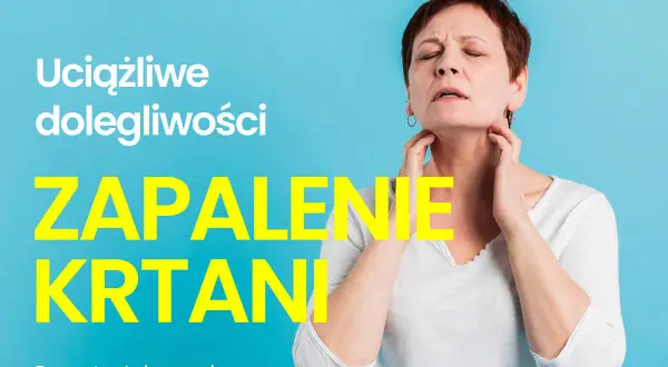 Kobieta z bólem krtani, tekst "Zapalenie krtani".