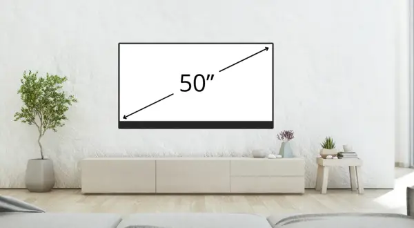 Nowoczesny telewizor 50 cali, idealny do salonu. Wymiary w cm dopasowane do każdej przestrzeni.