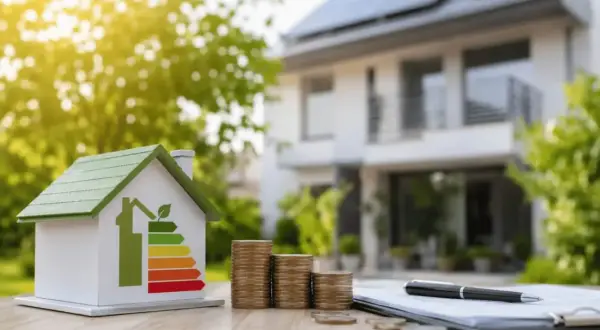 Casa modelo con etiqueta de eficiencia energética y pilas de monedas, simbolizando hipotecas verdes y ahorro.