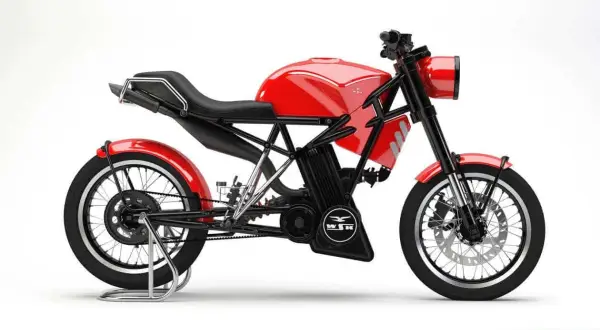 Nowa wsk w czerwonym kolorze, projekt motocykla studialnego. Klasyczny design z nowoczesnymi elementami.